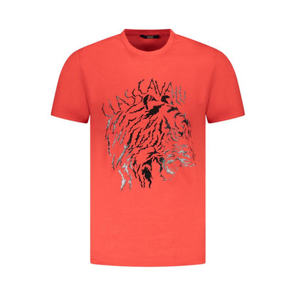 Cavalli Class Red Cotton Men T-Shirt with logo and design on front, crew-neck, short-sleeved, high fashion style.