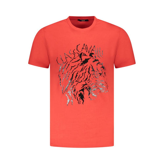 Cavalli Class Red Cotton Men T-Shirt with logo and design on front, crew-neck, short-sleeved, high fashion style.