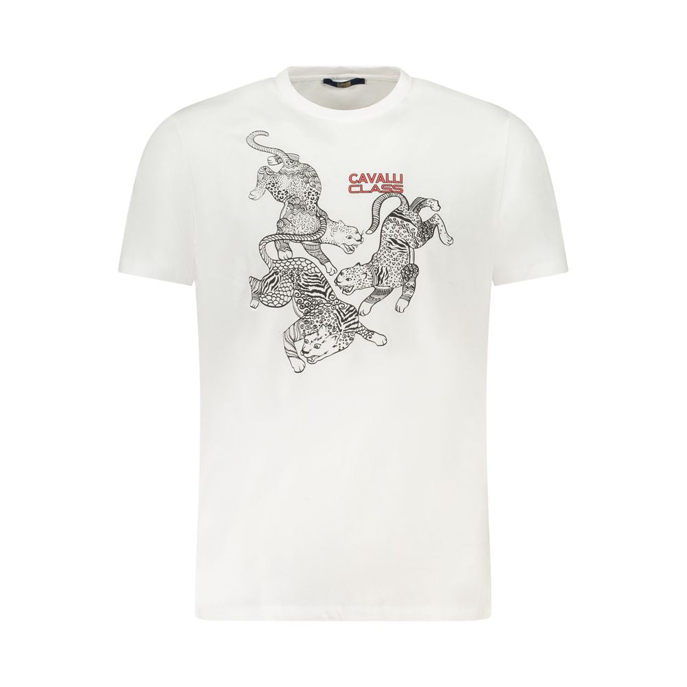 Cavalli Class White Cotton Men T-Shirt with bold graphic print and logo, crew neck, short sleeves, tailored for style and comfort.