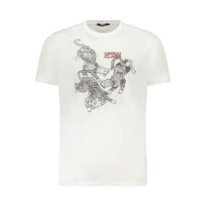 Cavalli Class White Cotton Men T-Shirt with bold graphic print and logo, crew neck, short sleeves, tailored for style and comfort.