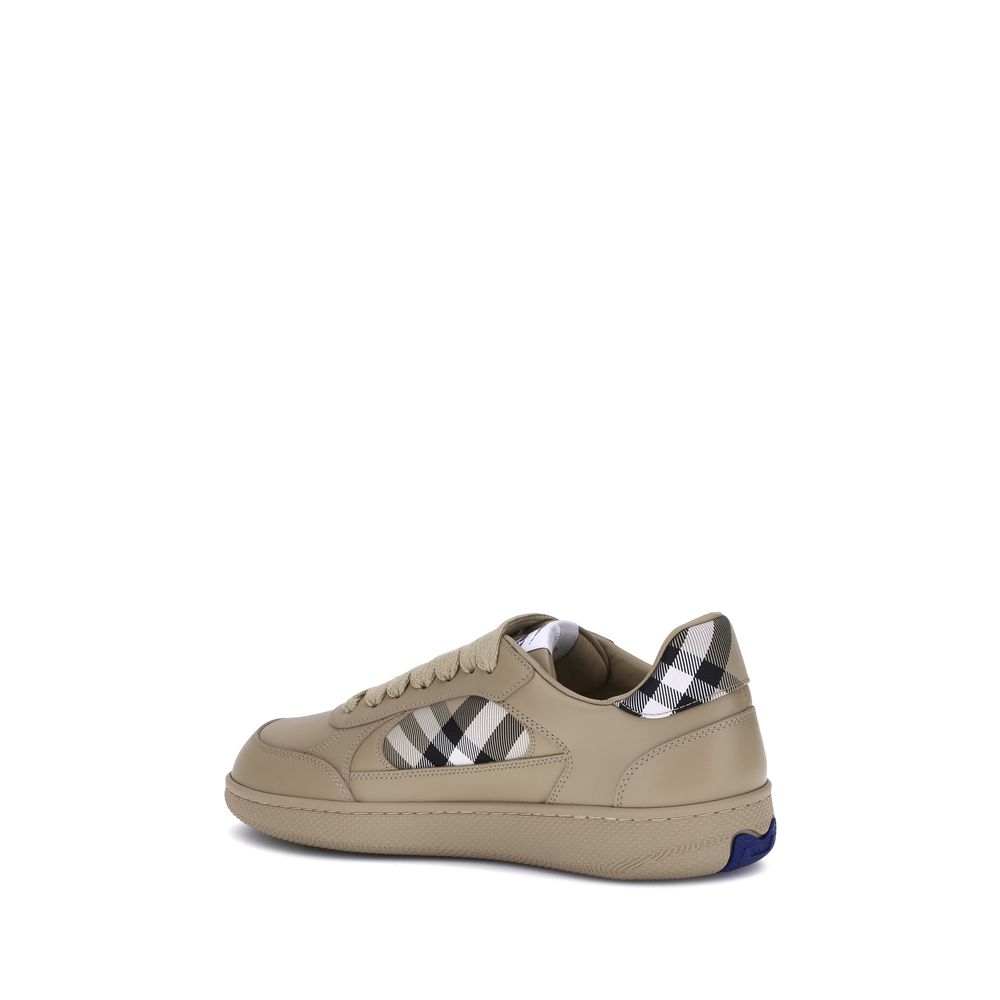 Burberry Beige Rubber Low Top Sneakers with Check pattern and Equestrian Knight label, side view.