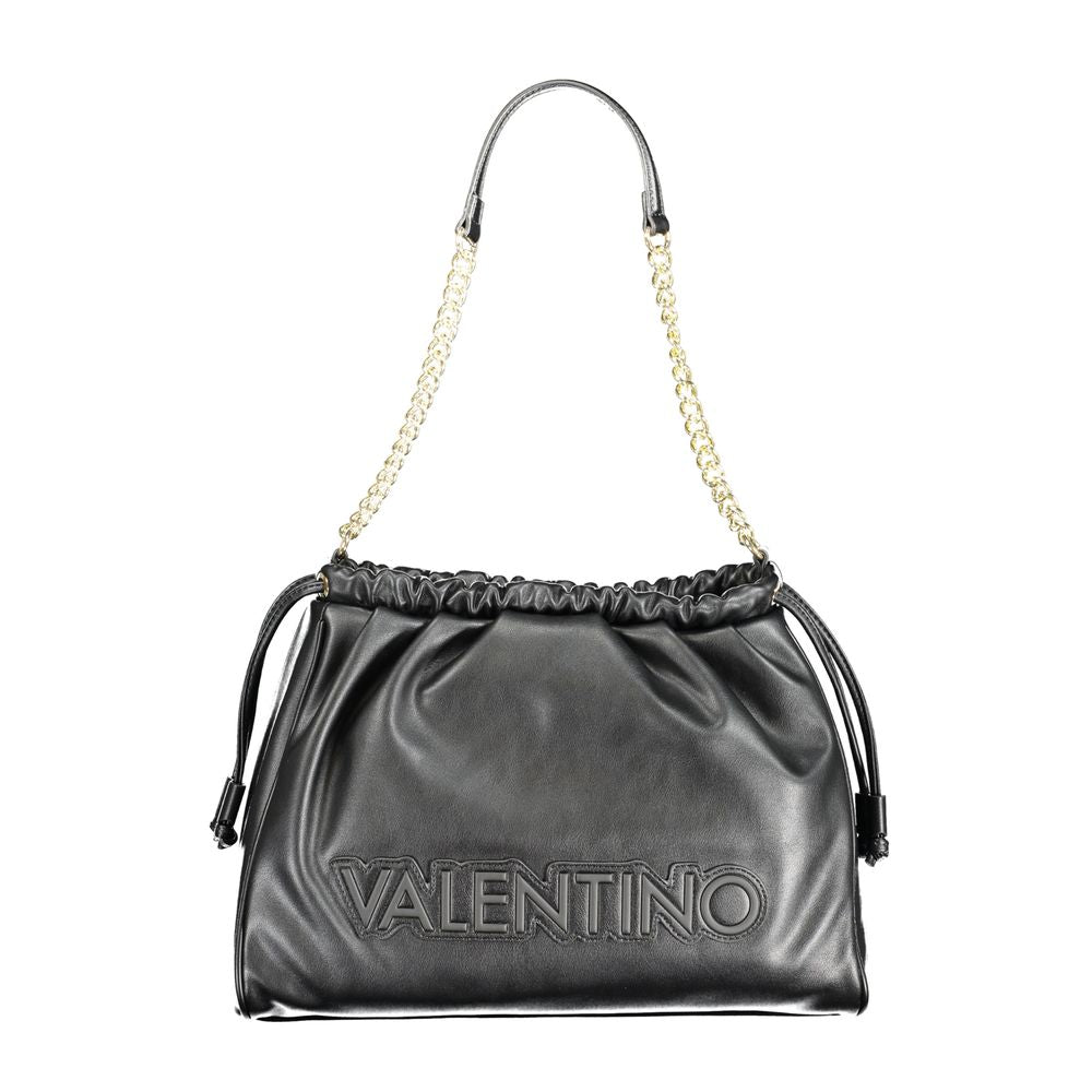 Mario Valentino Black Polyethylene Handbag with chain shoulder handle and adjustable strap, featuring logo application and zip closure.