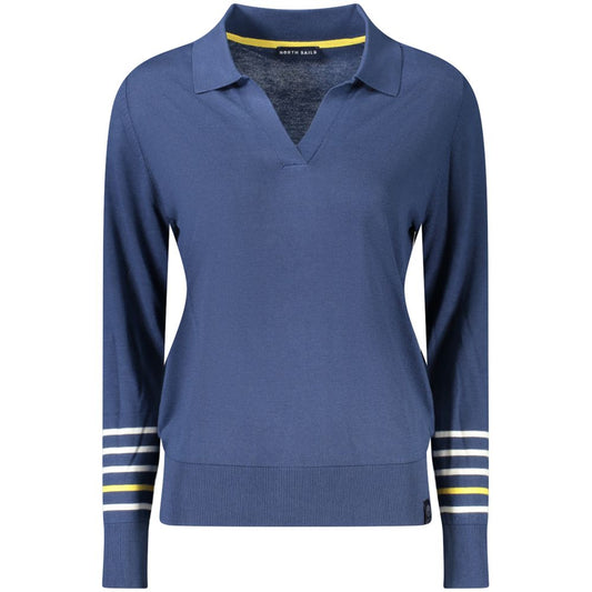 North Sails Blue Cotton Women Sweater with V-neck and logo, featuring elegant design and contrasting details, perfect for casual sophistication.