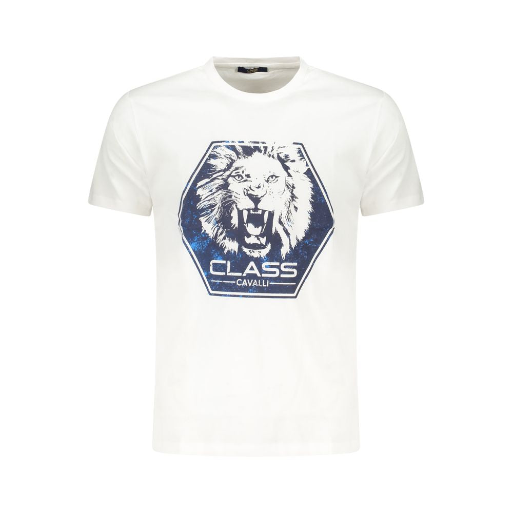 Cavalli Class White Cotton Men T-Shirt with bold lion print and brand logo, fashion-forward style for modern trendsetters