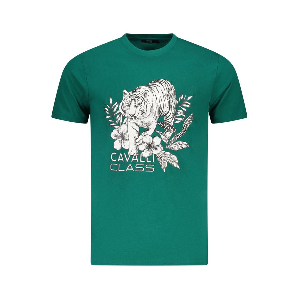 Cavalli Class Green Cotton Men T-Shirt with tiger graphic and logo, short-sleeved crew-neck for stylish and comfortable wear.