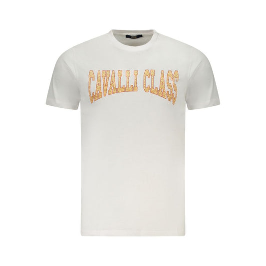 Cavalli Class White Cotton Men T-Shirt with logo print, short sleeves, luxurious design, comfortable fit.