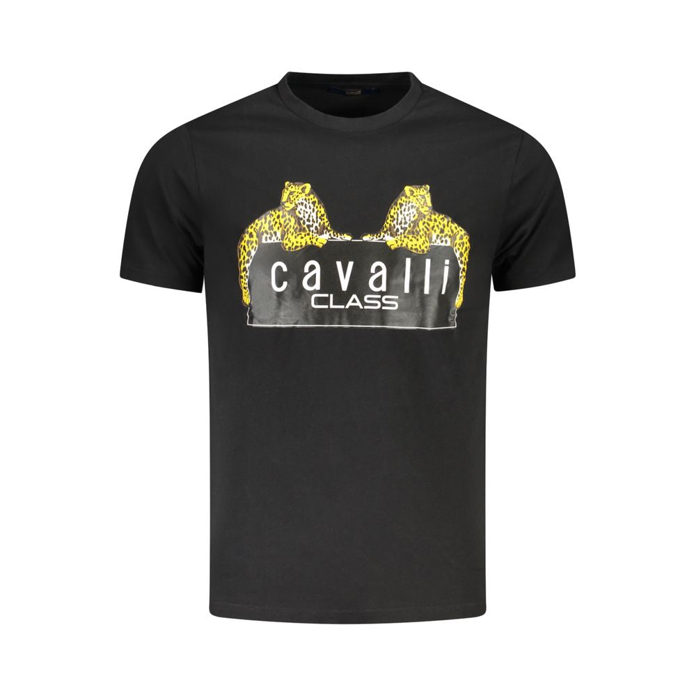 Cavalli Class Black Cotton T-Shirt with short sleeves, crew neck, print and logo design.