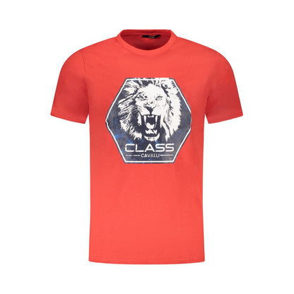 Cavalli Class Red Cotton Men T-Shirt with lion logo print, short-sleeve crew neck, bold contemporary design.