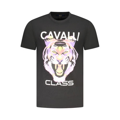 Cavalli Class Black Cotton Men T-Shirt featuring bold tiger print and signature logo on front, showcasing luxury and contemporary style.