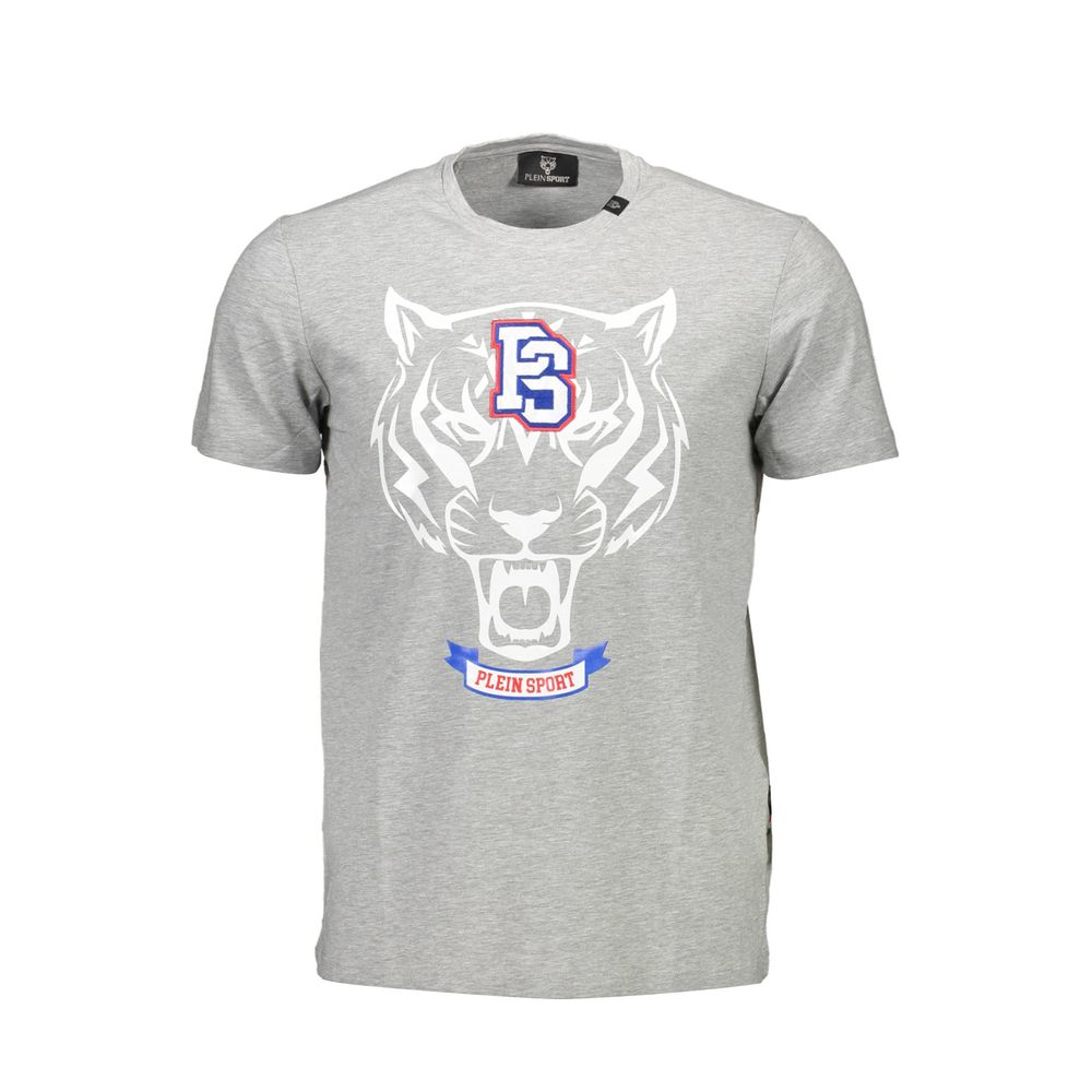 Plein Sport Brown Cotton Men T-Shirt featuring tiger graphic and logo, Italian crafted, luxury athletic style, crew neck design.