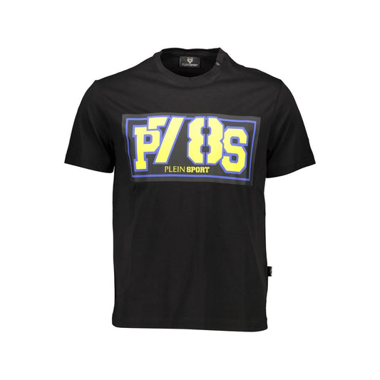 Plein Sport Black Cotton Men T-Shirt with vibrant contrasting details and bold print, showcasing athletic comfort and style.