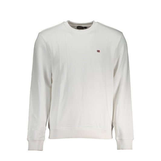 Napapijri White Cotton Men Sweater with logo embroidery, crew neck, and long sleeves, ideal for casual wear.