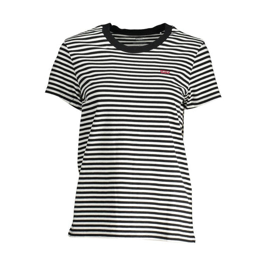 Side view of Levi's Black Cotton Women T-Shirt with striped pattern, showcasing timeless style and a bold logo for effortless fashion.