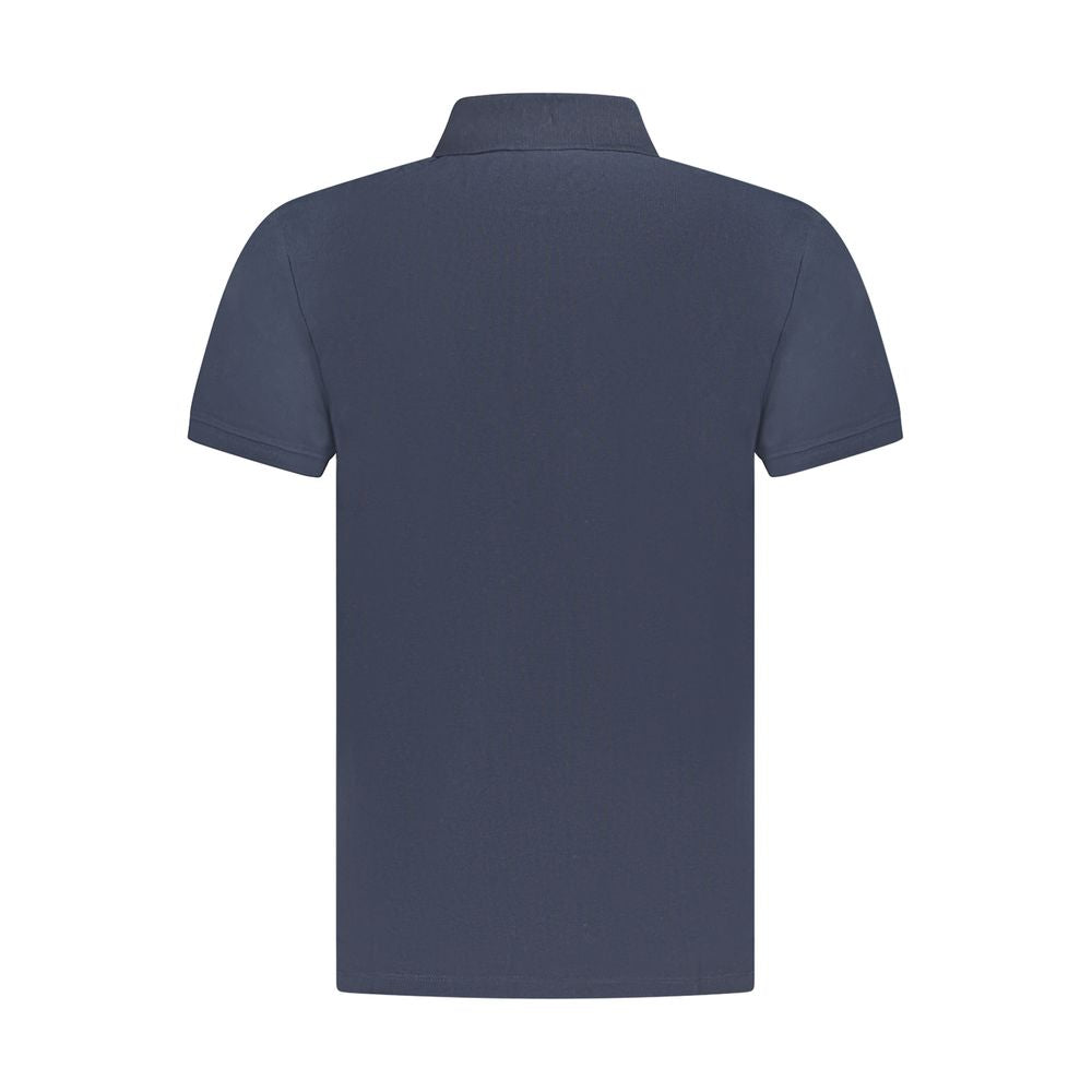 Rear view of Timberland Blue Cotton Men Polo Shirt showcasing short sleeves and sleek design.