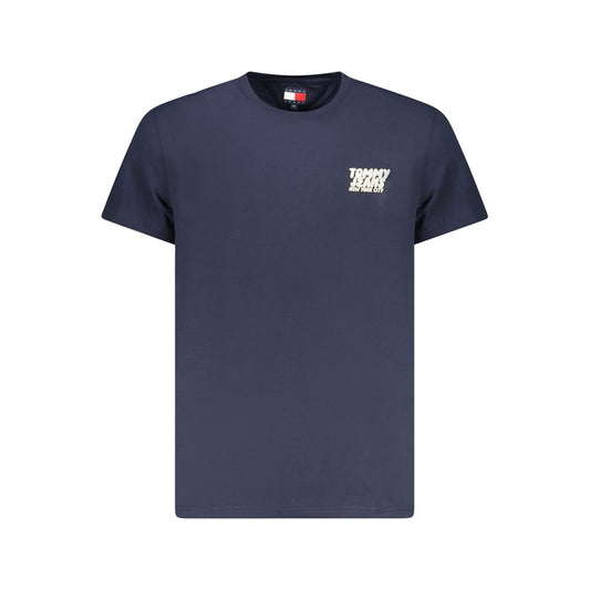 Tommy Hilfiger Blue Cotton Men T-Shirt with logo embroidery, short sleeves, sustainable regenerative cotton blend, crew neck design.