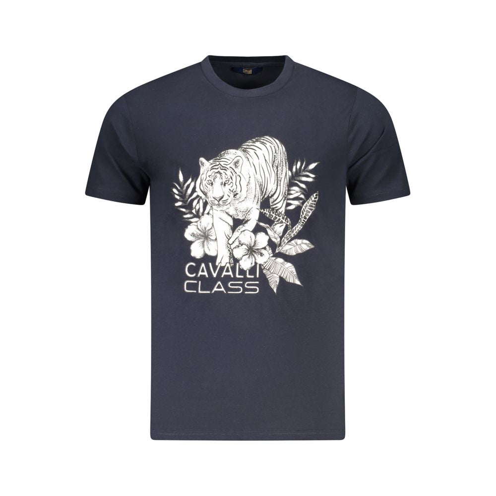 Cavalli Class Blue Cotton Men T-Shirt with tiger and floral print, crew neck design, luxury casual wear.