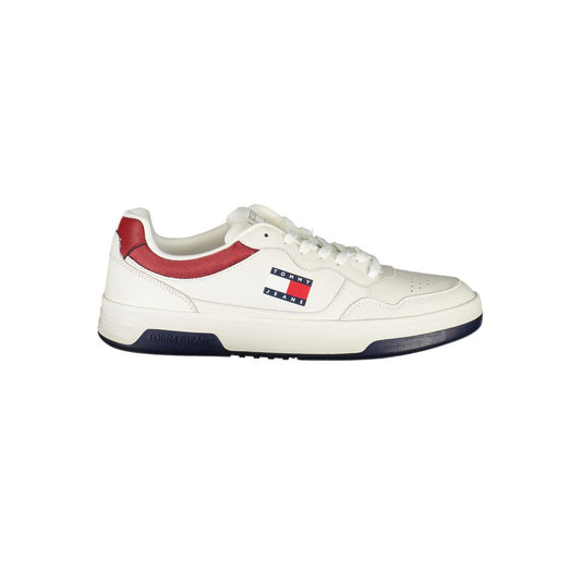 Tommy Hilfiger White Leather Men Sneaker with iconic logo, featuring sleek design and contrasting details for sporty chic style.