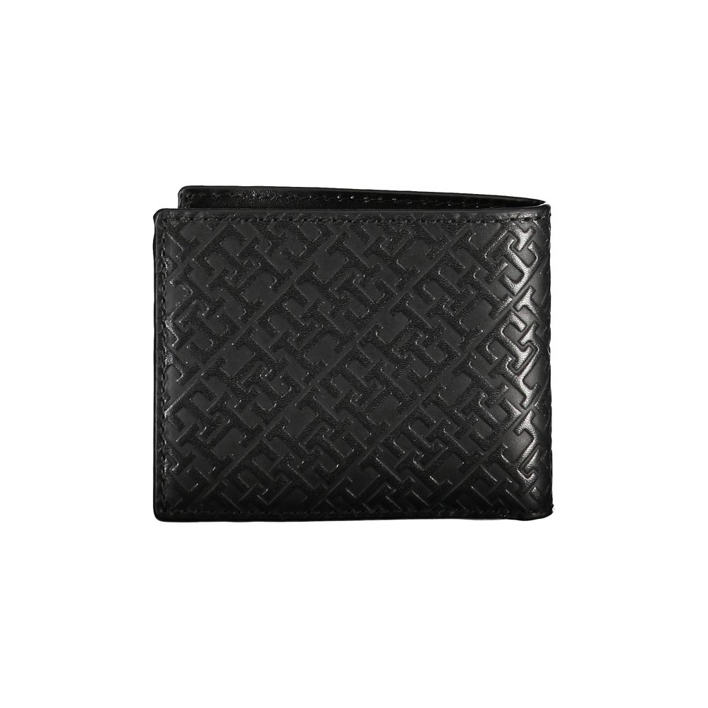 Tommy Hilfiger Elegant Leather Double Card Wallet in black with embossed pattern, perfect for modern men seeking style and practicality.