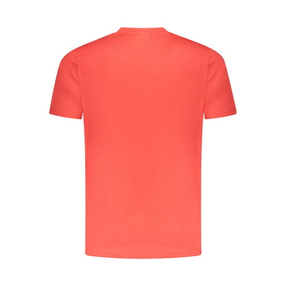 Cavalli Class Red Cotton Men T-Shirt featuring short sleeves and bold design, emphasizing high fashion and Italian craftsmanship.