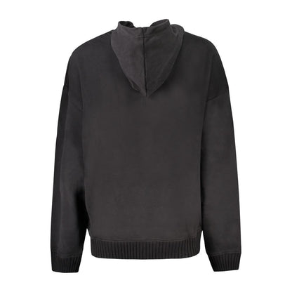 Back view of Calvin Klein Black Cotton Women Sweater with hood, showcasing soft brushed fabric and iconic logo detail.