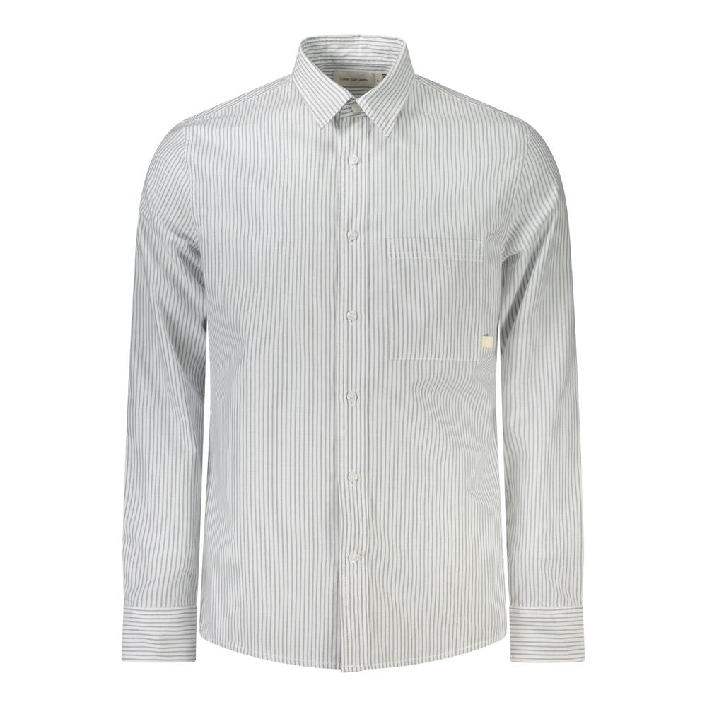 Calvin Klein White Cotton Men Shirt with sleek Italian collar and modern 1-button cuffs, featuring subtle logo and single pocket.