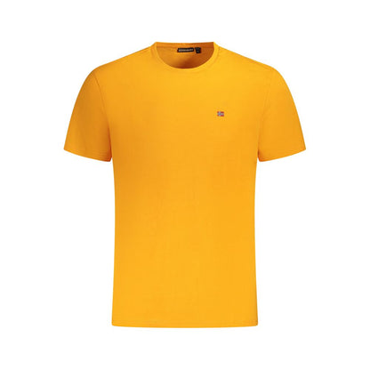 Napapijri Orange Cotton Men T-Shirt with classic crew neck and bold embroidery accents, showcasing vibrant style and unparalleled comfort.