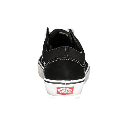 Back view of Vans Black Leather Men Sneaker displaying iconic red logo on sole.