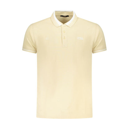 Cavalli Class Beige Cotton Men Polo Shirt with short sleeves and three-button placket, featuring discreet embroidery and logo.