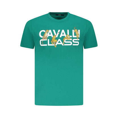 Cavalli Class Green Cotton Men T-Shirt with logo, short sleeve design, vibrant green. Perfect blend of luxury and style.