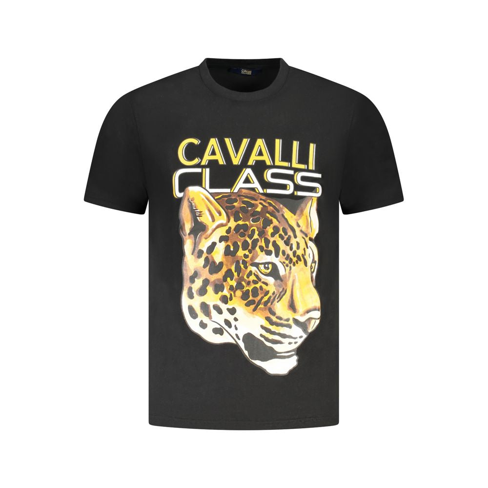 Cavalli Class Black Cotton Men T-Shirt with leopard print and logo, short sleeve, crew neck, luxury design suitable for everyday wear.