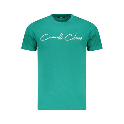 Cavalli Class Green Cotton Men T-Shirt with signature print and logo, short sleeve design, luxury crew neck, vibrant color fashion statement.