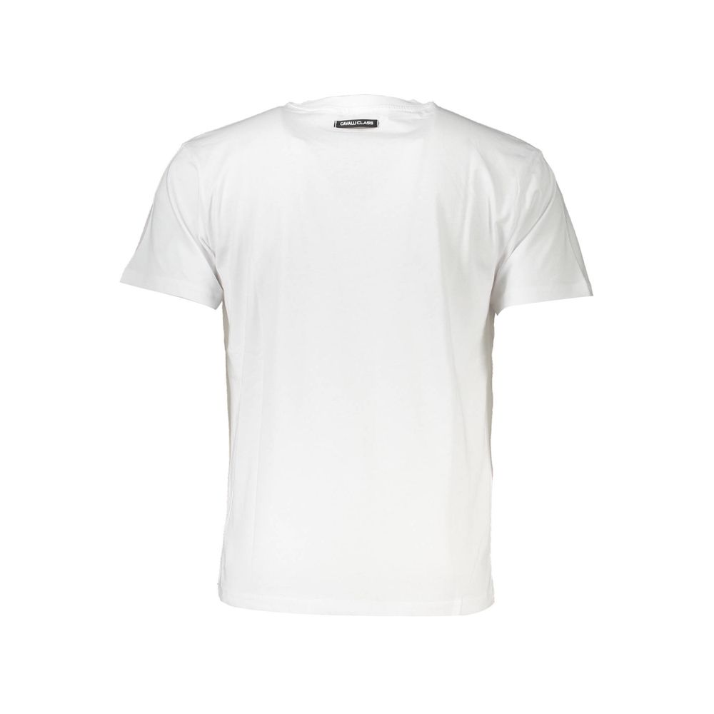 Cavalli Class White Cotton Men T-Shirt with logo, minimalist style for modern fashion, premium cotton fabric for comfort and style.