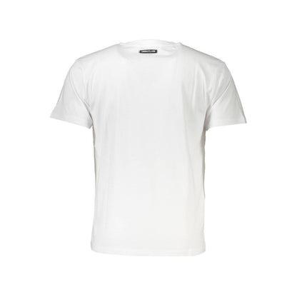 Cavalli Class White Cotton Men T-Shirt with logo, minimalist style for modern fashion, premium cotton fabric for comfort and style.