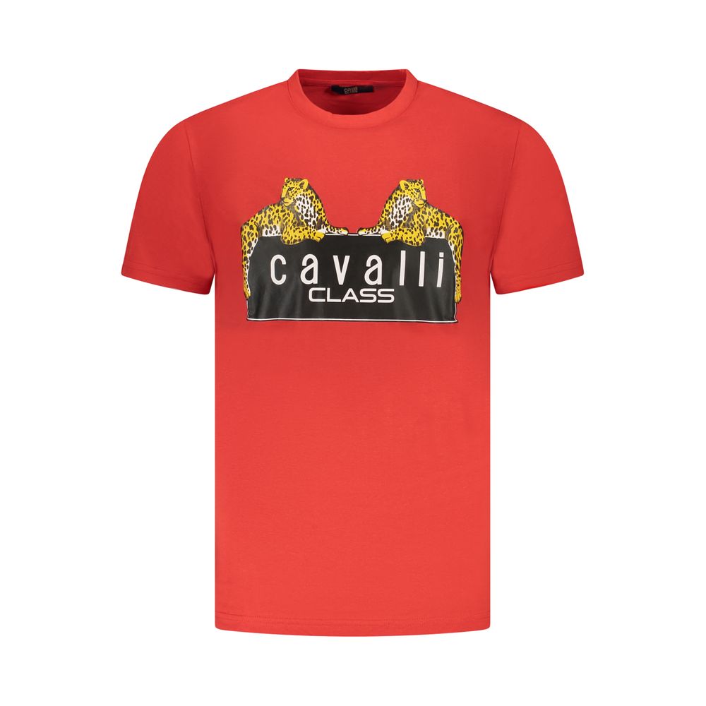 Cavalli Class Red Cotton Men T-Shirt with logo and print, short-sleeve crew neck, luxury fashion made from finest cotton.