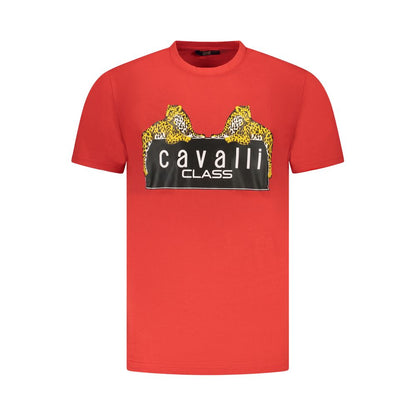 Cavalli Class Red Cotton Men T-Shirt with logo and print, short-sleeve crew neck, luxury fashion made from finest cotton.