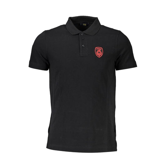 Cavalli Class Black Cotton Men Polo Shirt with embroidery logo and 3-button placket, short sleeve, regular fit, sophisticated black color