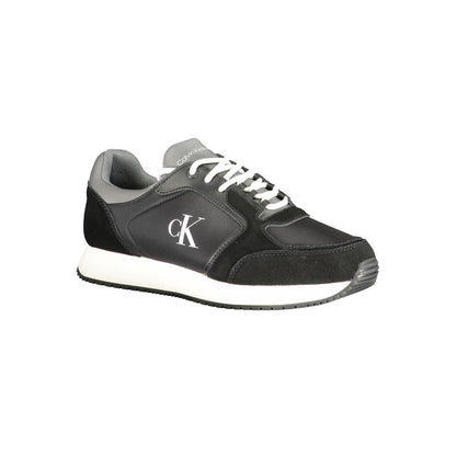 Calvin Klein Black Leather Men Sneaker with logo, sleek design, and white accents, featuring a removable insole for customizable comfort.