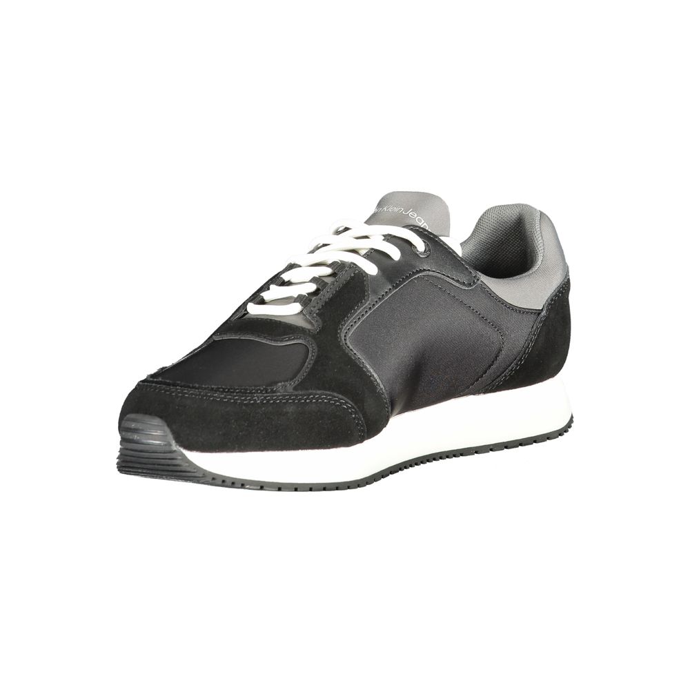 Calvin Klein Black Leather Men Sneaker with white laces, sleek black design, and grey accents for stylish comfort and customization.