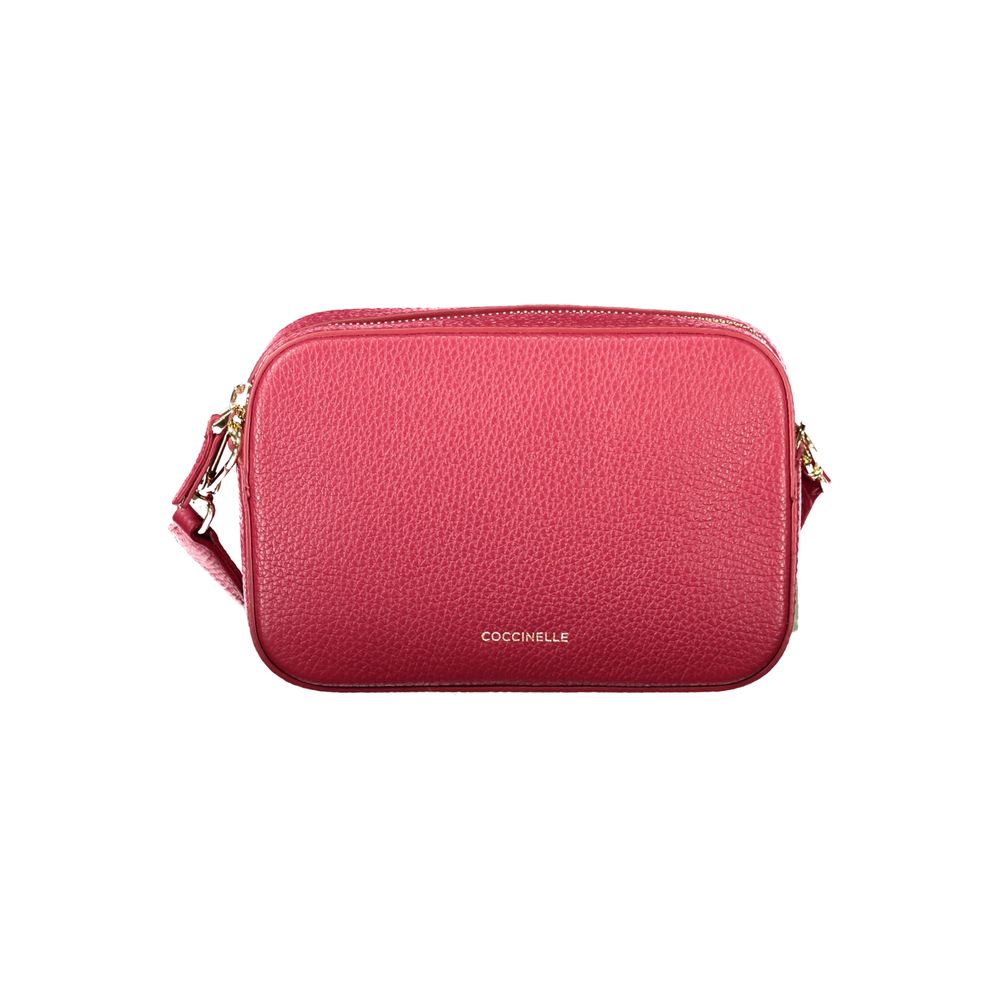 Coccinelle Red Leather Women Handbag with adjustable strap and secure zip closure displayed against a white background.