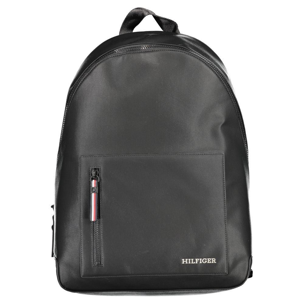 Tommy Hilfiger Black Polyester Backpack with adjustable straps, external pocket, and logo.