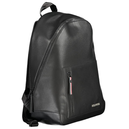 Tommy Hilfiger Black Polyester Backpack with adjustable straps, external pocket, and zip closure made from recycled materials.