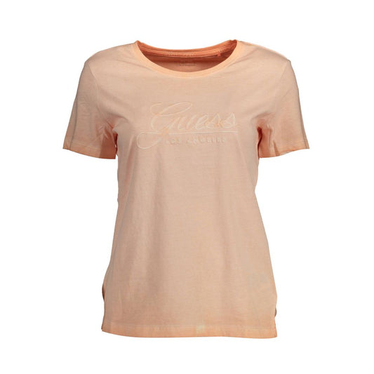 Guess Jeans Pink Cotton Women T-Shirt with embroidered logo on front, showcasing chic casual fashion style.
