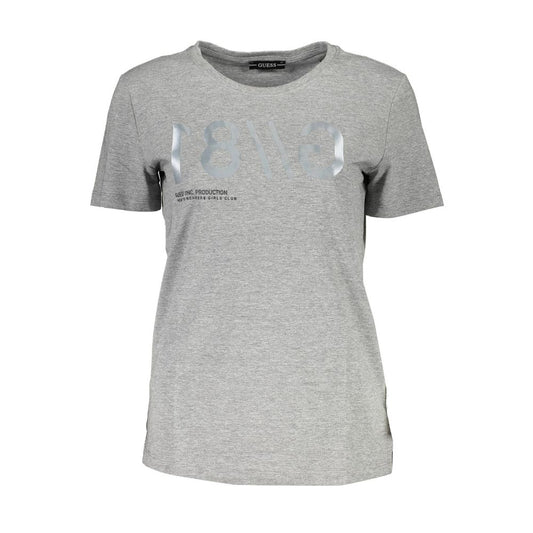Guess Jeans Gray Cotton Women T-Shirt with logo print and wide neck, short sleeves. Casual chic style, perfect for trendy wardrobes.