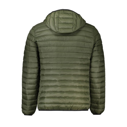 Cavalli Class Green Polyamide Men Jacket featuring a sleek hooded design, long sleeves, and light padding for warmth and style.