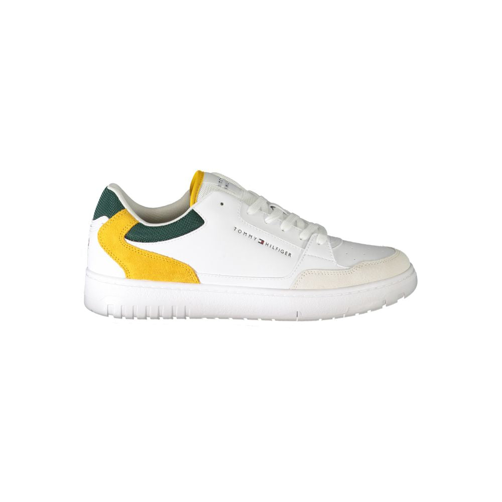 Tommy Hilfiger White Polyethylene Men Sneaker with green and mustard accents, athletic design, comfortable and durable footwear.