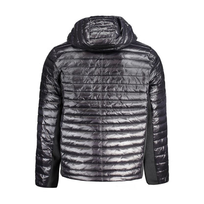 Rear view of Calvin Klein Black Nylon Men Jacket featuring sleek design with hooded style, highlighting urban fashion elements.