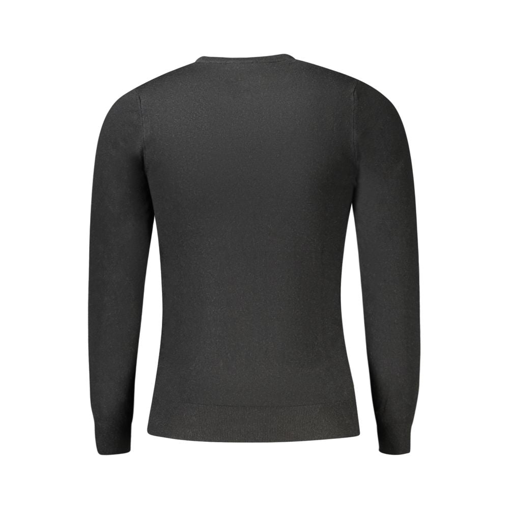 Cavalli Class Black Viscose Men Sweater with long sleeves, crew neck, and exquisite embroidery, shown from the back.