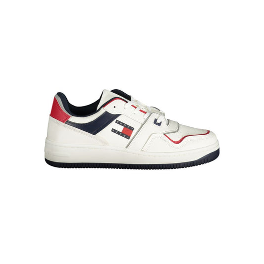 Tommy Hilfiger White Leather Men Sneaker with blue and red accents, lace-up design, iconic logo, and comfortable removable insole.