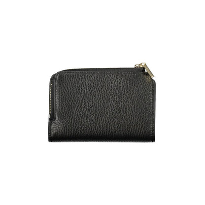 Coccinelle Black Leather Women Wallet with triple compartments and chic zip closure, showcasing elegant design and luxury feel.
