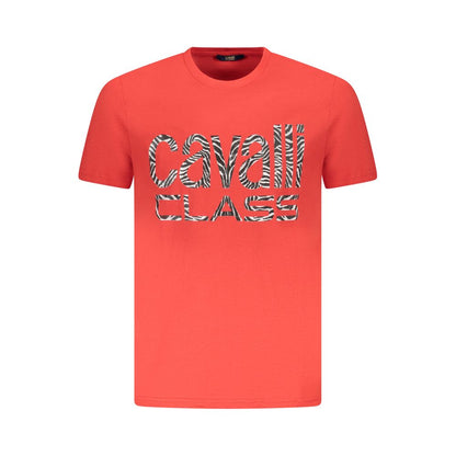 Cavalli Class Red Cotton Men T-Shirt featuring iconic logo, crew neck, and short sleeves, perfect for a stylish and comfortable look.